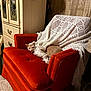Ginger Spice Hess is registered to the contest to win money with this photo: blanket, cabinet, carpet, cat, cozy, curious_cat, decor, feline, furniture, home_interior, indoor, knitted_blanket, orange_armchair, peeking_cat, pet, relaxing, soft_texture, vintage_style, warm_lighting, wooden_furniture