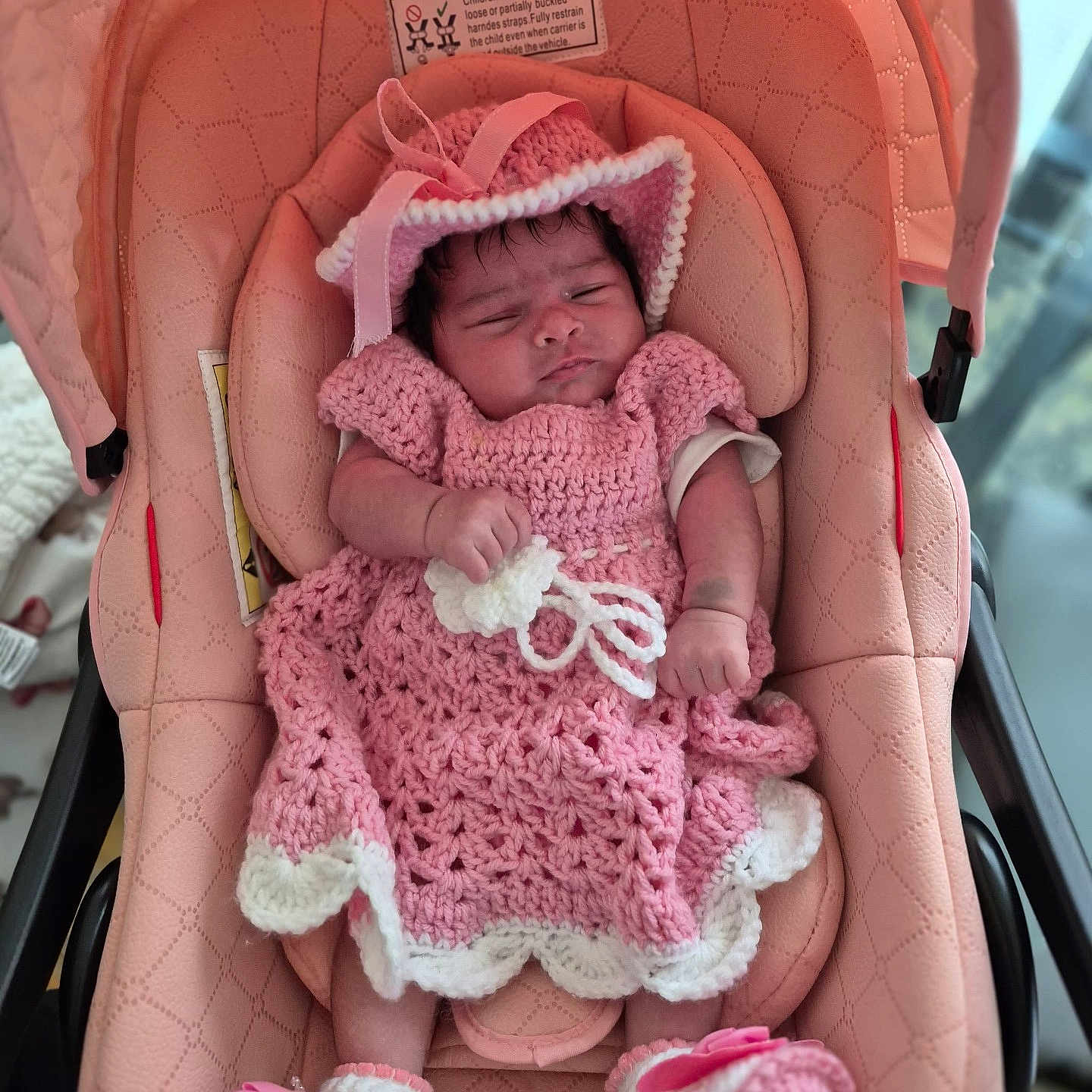 Ashley Nicole joined the competition — help win amazing prizes! adorable, apparel, baby, booties, car_seat, child, comfort, crochet, cute, fabric, hat, indoor, infant, newborn, person, pink, resting, seat, sleeping, soft
