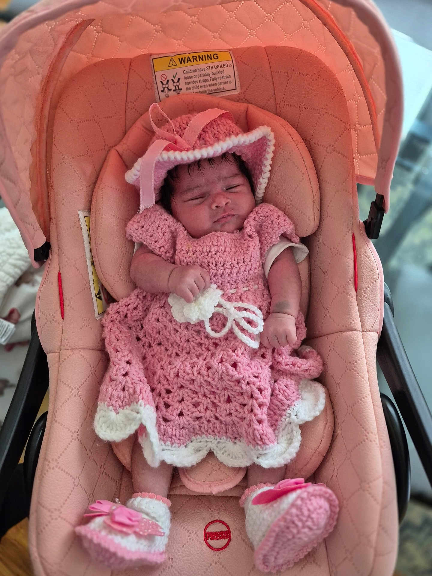 Ashley Nicole joined the competition — help win amazing prizes! baby, infant, car_seat, pink, crochet, hat, booties, sleeping, cute, child, newborn, soft, fabric, indoor, comfort, seat, apparel, adorable, person, resting