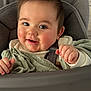 baby, infant, smiling, drooling, rosy_cheeks, blue_eyes, short_hair, high_chair, safety_strap, blanket, hand, fingers, sweater, seat, portrait, close_up, indoor, cute, happy, child