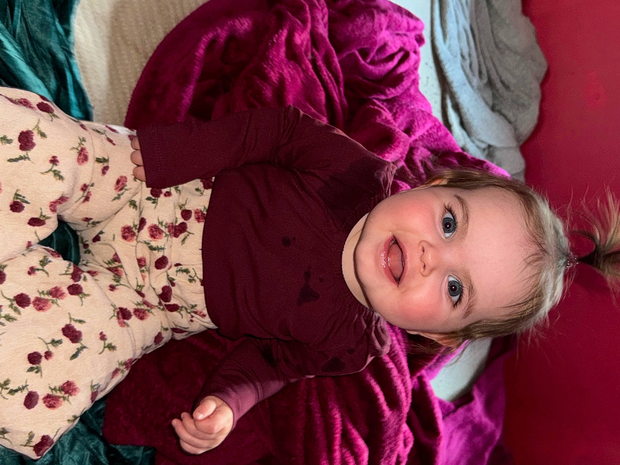Oakley is registered to the contest to win money with this photo: baby_toddler_clothing, cheek, child, comfort, happy, head, joy, magenta, nose, outerwear, person, pink, plant, purple, sitting, skin, sleeve, smile, textile, toddler