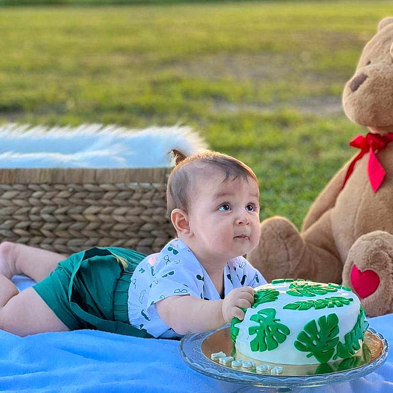 Yasser Ryad is registered to the contest to win money with this photo: baby, child, infant, birthday, cake, teddy_bear, outdoor, grass, blanket, portrait, sitting, lying_down, smiling, curious, food, dessert, celebration, blue_blanket, green_clothing, playful