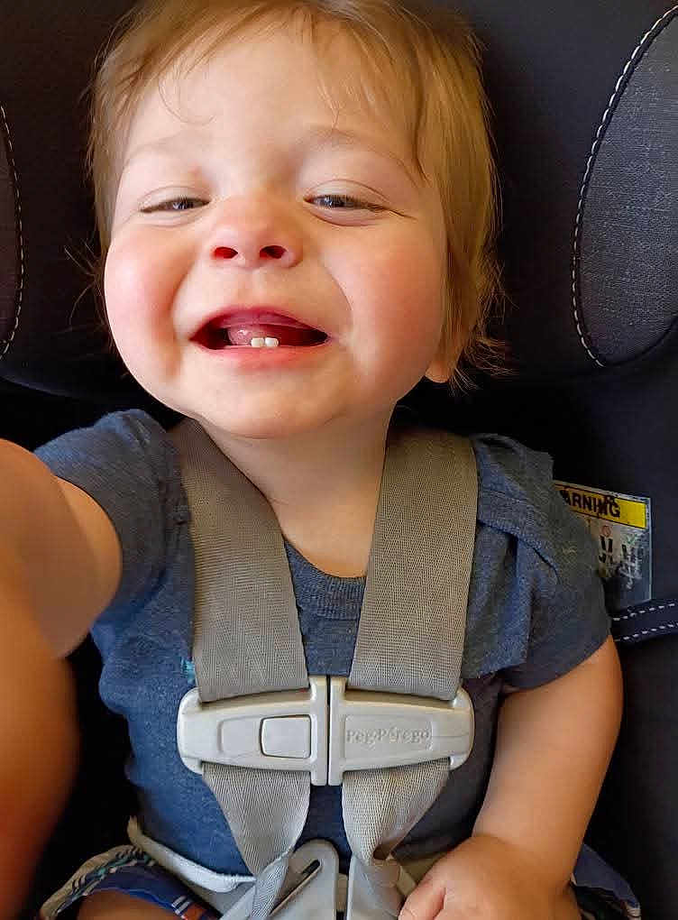 Maddox joined the competition — help win amazing prizes! toddler, child, car_seat, safety_harness, smiling, blonde_hair, happy, baby, seatbelt, blue_shirt, cute, close_up, infant, young_child, person, portrait, casual_clothing, seat, straps, joyful