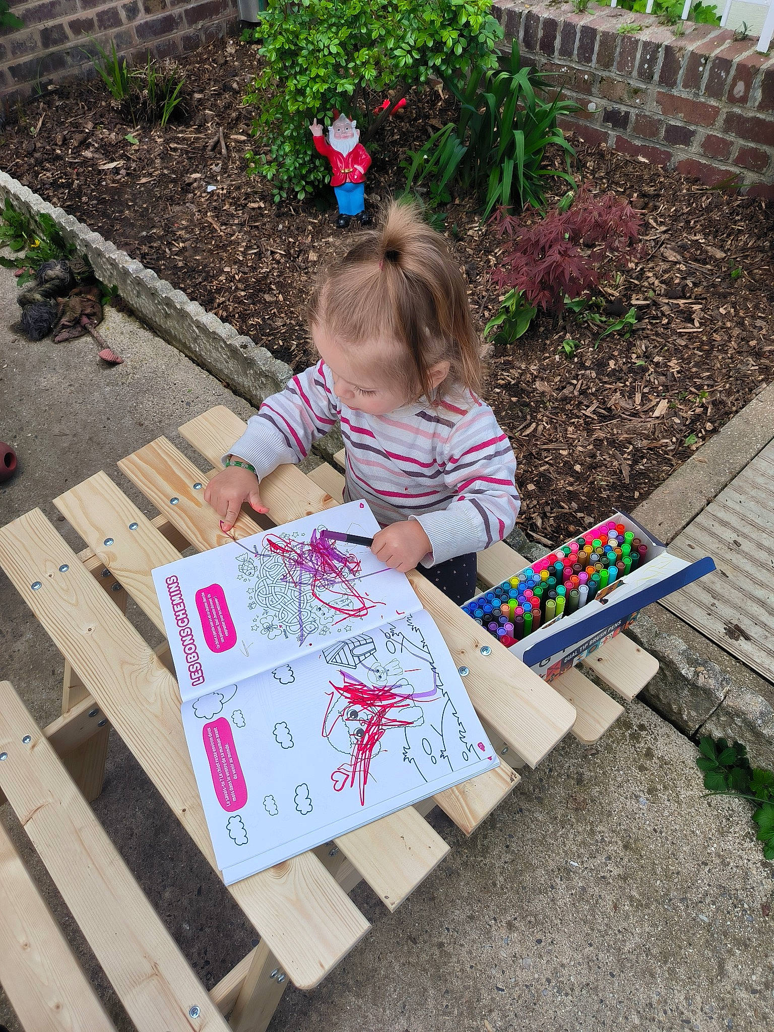 Léanna participe au concours pour gagner de l'argent avec cette photo : child, child_art, flooring, fun, garden, grass, handwriting, leaf, leisure, person, plant, play, recreation, sitting, soil, spring, summer, t_shirt, table, toddler