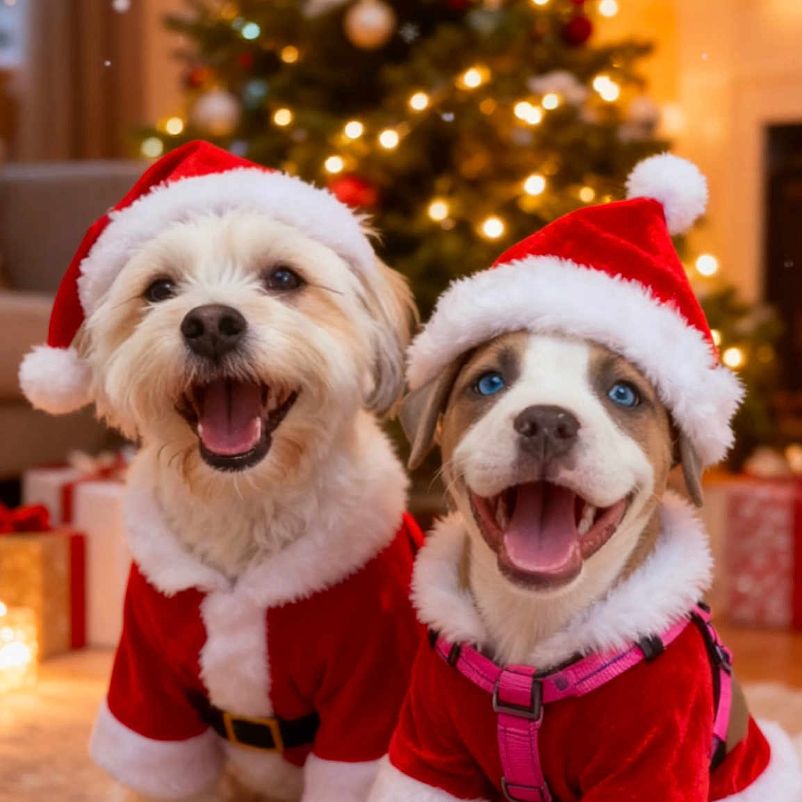 Luna.lola joined the competition — help win amazing prizes! celebration, christmas, christmas_tree, cute, decorations, dog, festive, fur, happy, holiday, holiday_season, indoor, lights, pet, present, puppy, santa_hat, santa_outfit, smiling, winter