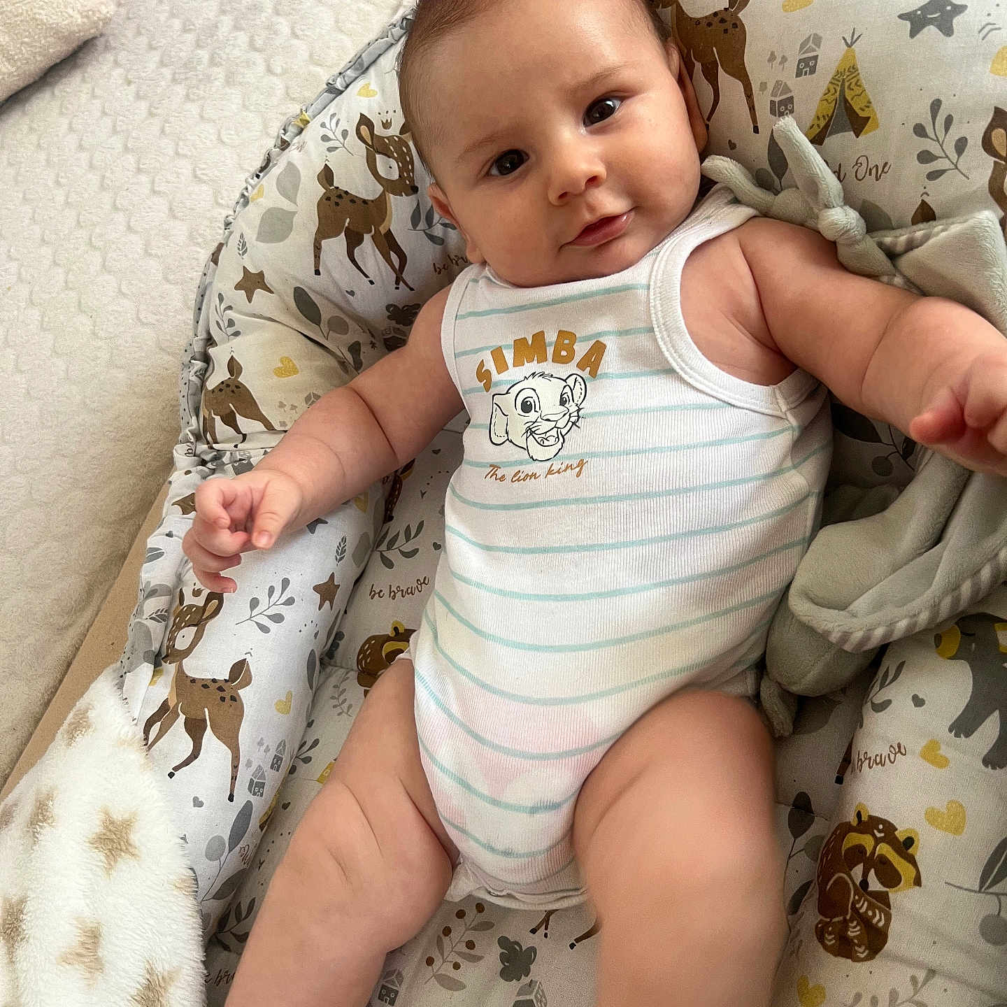 Maylonn a rejoint le concours — aidez-le/la à gagner de superbes lots ! baby, baby_seat, blanket, child, comfortable, cozy, curious, cute, indoor, infant, onesie, patterned_fabric, person, resting, simba, smiling, socks, soft_toys, the_lion_king, young