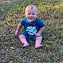 baby, child, grass, outdoor, smile, blue_clothing, sitting, sunlight, nature, happy, cute, young_child, barefoot, greenery, daylight, grass_field, person, infant, joyful, casual