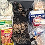 cat, tortoiseshell, drawer, food_packages, kitchen, plastic_bags, packaging, floor_tiles, pet, resting, indoor, cozy, feline, curled_tail, snack, container, relaxing, fur, domestic_animal, sleeping