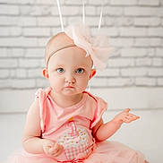 Maddy Huffman joined the competition — help win amazing prizes! baby, child, girl, pink_dress, headband, bow, blue_eyes, cupcake_design, sitting, white_brick_wall, indoor, cute, portrait, infant, expression, curious, soft_lighting, young_child, tutu, fashion