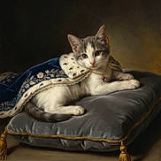 Alex is registered to the contest to win money with this photo: cat, classic_style, cushion, dark_background, ears, embroidered_textile, fur, jewelry, kitten, luxury, lying_down, necklace, ornate, painting, portrait, relaxed, royal_cloak, tassel, velvet_pillow, whiskers