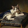 cat, classic_style, cushion, dark_background, ears, embroidered_textile, fur, jewelry, kitten, luxury, lying_down, necklace, ornate, painting, portrait, relaxed, royal_cloak, tassel, velvet_pillow, whiskers
