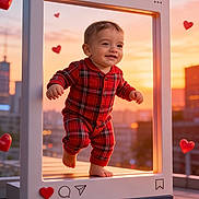 Sam joined the competition — help win amazing prizes! baby, balcony, barefoot, child, cityscape, creative_composition, digital_art, hearts, infant, instagram_frame, photography, plaid, portrait, red_pajamas, rooftop, smiling, social_media, standing, sunset, walking