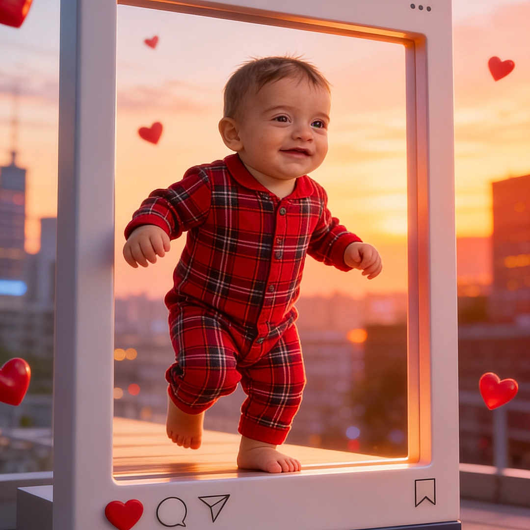 Sam joined the competition — help win amazing prizes! baby, balcony, barefoot, child, cityscape, creative_composition, digital_art, hearts, infant, instagram_frame, photography, plaid, portrait, red_pajamas, rooftop, smiling, social_media, standing, sunset, walking
