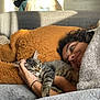 animal, baby, bed, bedroom, blanket, cat, couch, cushion, face, furniture, head, homedecor, indoors, kitten, person, pet, photography, portrait, room, sleeping