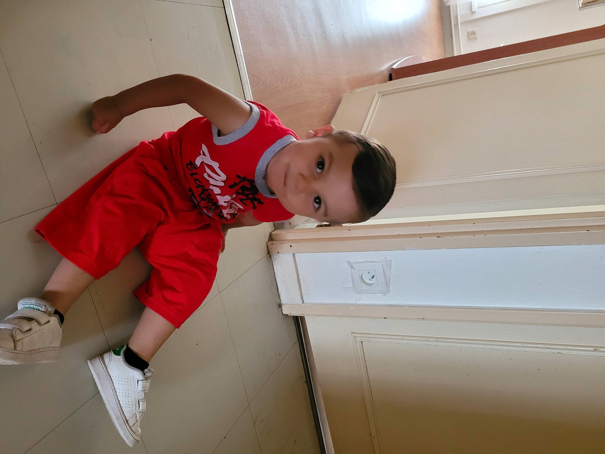 Tiago participe au concours pour gagner de l'argent avec cette photo : chest, child, comfort, elbow, flooring, fun, human_leg, knee, leg, major_appliance, person, plant, room, shorts, shoulder, t_shirt, thigh, thumb, toddler, wood