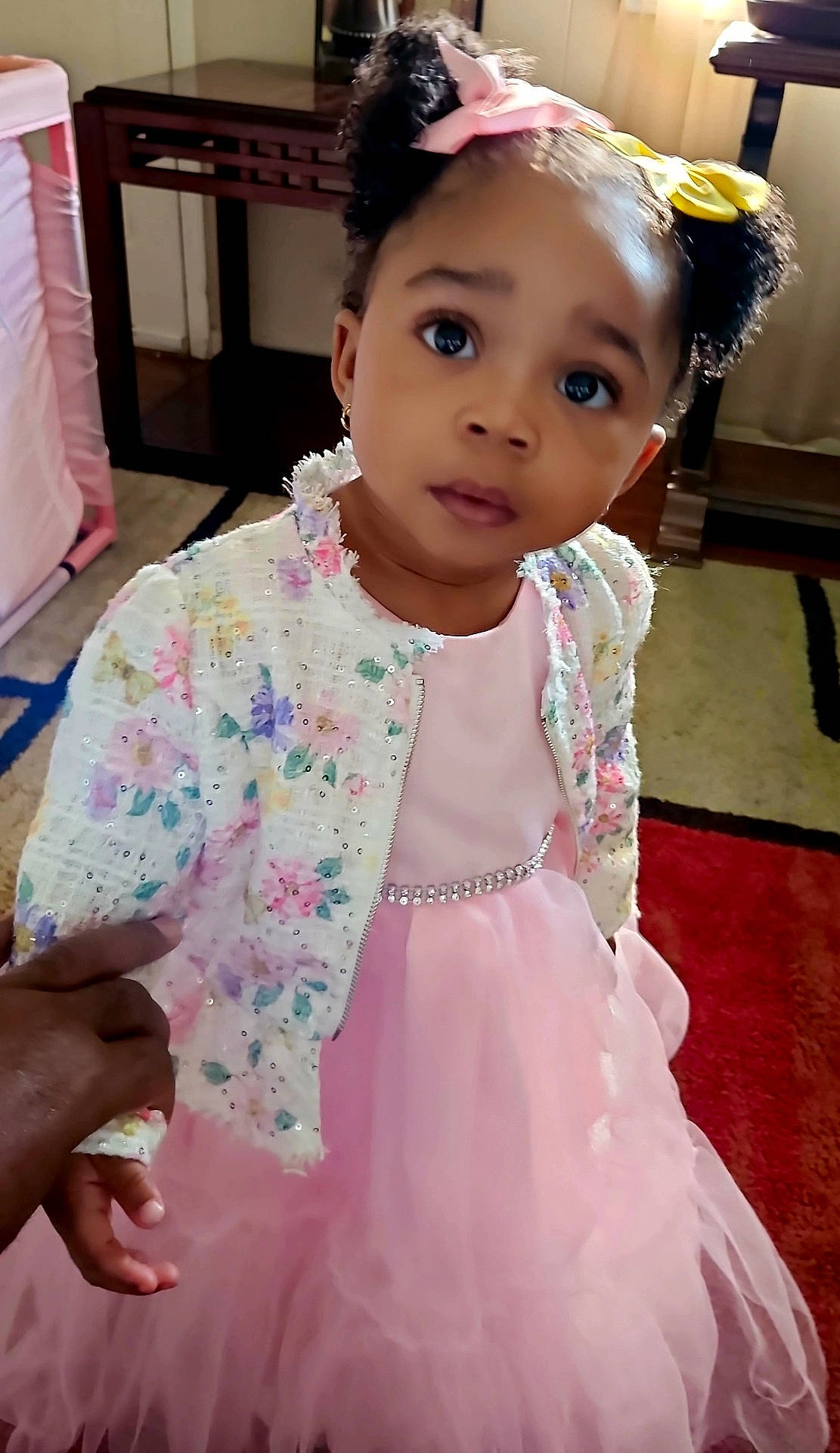 Vision is registered to the contest to win money with this photo: bows, carpet, child, curious, curtains, cute, dress, expression, fashion, floor, girl, hair, hand, indoor, jacket, person, pink, portrait, table, toddler