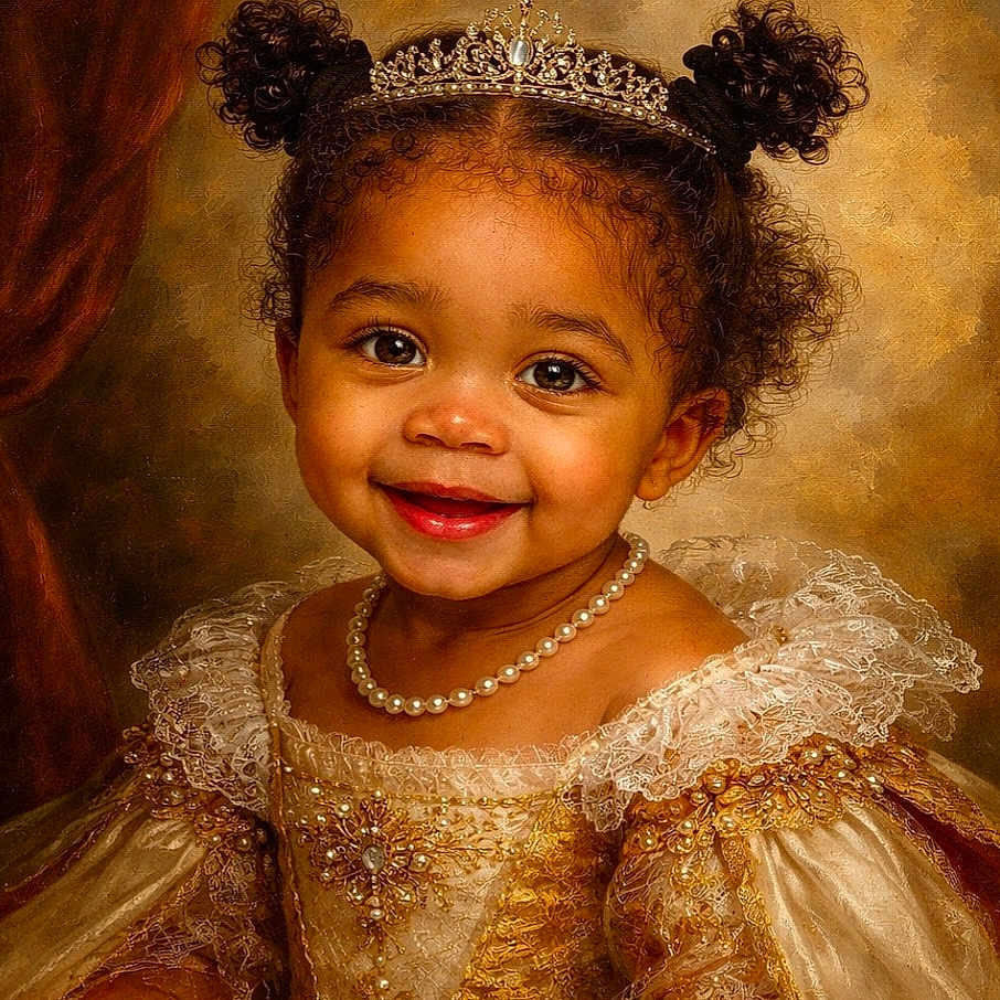 Vision is registered to the contest to win money with this photo: brown_skin, child, classic, curly_hair, cute, elegant, formal_dress, girl, golden_gown, happy, jewelry, lace, pearl_necklace, portrait, princess, royal, smile, studio, tiara, young