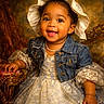Vision joined the competition — help win amazing prizes! baby, bonnet, child, classic, cute, denim_jacket, elegant, fashion, happy, indoor, lace_dress, ornate, pearl_necklace, person, portrait, smiling, studio_photo, vintage_chair, warm_lighting, young_child