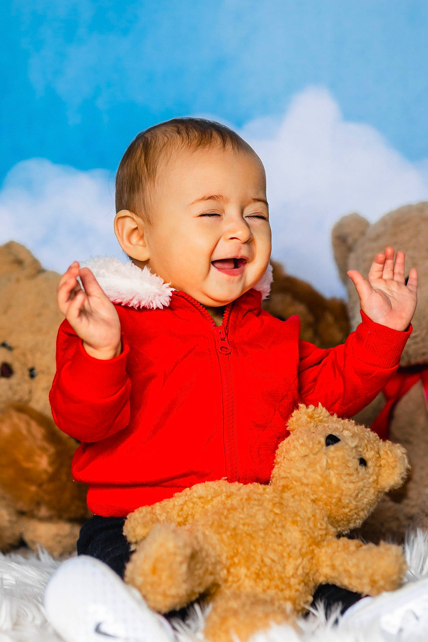 Amy joined the competition — help win amazing prizes! baby, baby_toddler_clothing, cloud, eye, fawn, finger, flash_photography, grass, hand, happy, human, human_body, nose, people_in_nature, person, photograph, skin, sky, sleeve, smile