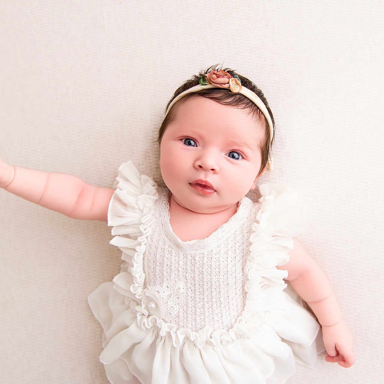 Lolah joined the competition — help win amazing prizes! adorable, baby, blue_eyes, child, closeup, cute, expression, face, floral, hand, headband, infant, innocence, lying_down, newborn, portrait, skin, soft_light, soft_texture, white_dress