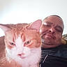 blurred, casual, cat, closeup, companion, couch, domestic, facial_expression, feline, ginger_cat, home, indoor, man, person, pet, portrait, relaxed, resting, selfie, white_fur