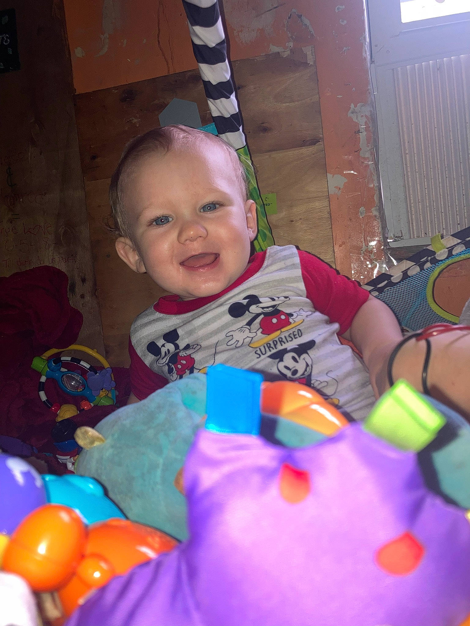 Wyatte is registered to the contest to win money with this photo: baby, baby_toddler_clothing, baby_toys, cheek, child, event, fun, happy, head, holiday, iris, joy, orange, people, person, pink, purple, smile, toddler, toy