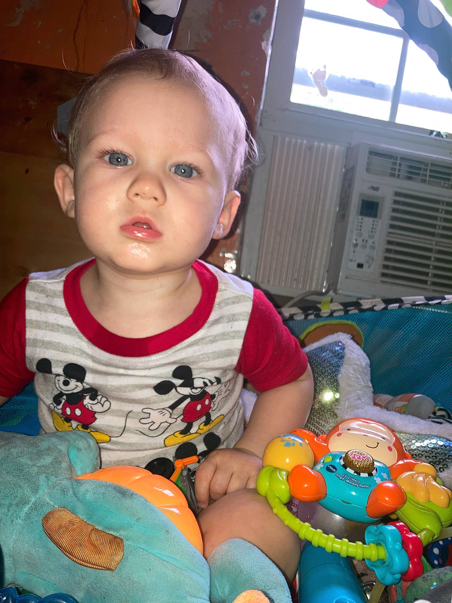 Wyatte is registered to the contest to win money with this photo: baby, baby_toddler_clothing, blue, cheek, child, event, fun, happy, holiday, iris, nose, people, person, play, sitting, skin, snapshot, stuffed_toy, toddler, toy