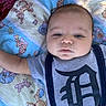 Noah joined the competition — help win amazing prizes! baby, infant, blanket, winnie_the_pooh, tigger, piglet, clothing, denim_overalls, grey_shirt, milk, face, head, arm, expression, cute, child, indoor, soft_lighting, portrait, laying_down