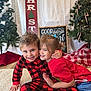 candy_cane, carpet, child, children, christmas_tree, cozy, decorations, family, festive, happy, holiday, hugging, indoor, pajamas, plaid, red_plaid, red_shirt, sibling, smiling, toddler