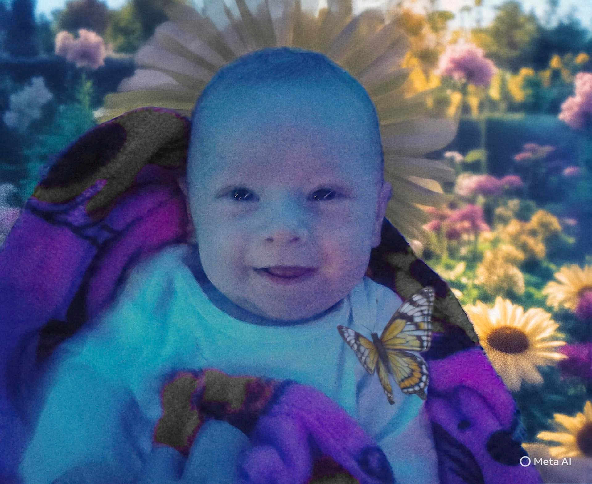 Bryson joined the competition — help win amazing prizes! baby, smiling, blanket, butterfly, flower, daisy, nature, portrait, child, outdoor, colorful, happy, flora, soft_focus, cute, infant, face, wrapped, garden, sunlight