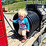 Caden joined the competition — help win amazing prizes! toddler, child, boy, blonde_hair, outdoor, sunny, wooden_platform, pipe, playground, broom, blue_sky, greenery, casual_clothing, shorts, shirt, shoes, play, daylight, curious, person