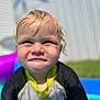 backyard, blue, child, close_up, expression, face, fun, green, outdoor, playing, pool, portrait, purple, skin, summer, sunlight, swim_shirt, toddler, water_droplets, wet_hair