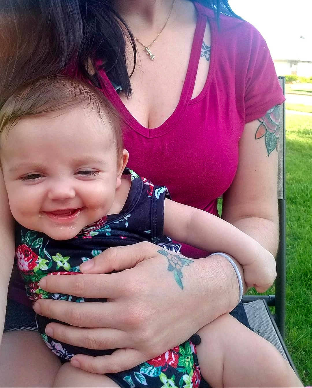 Selina joined the competition — help win amazing prizes! baby, baby_products, cheek, child, daughter, finger, fun, grass, hand, happy, interaction, joy, mother, nail, person, pink, product, sitting, skin, smile