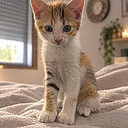 Tahiti participe au concours pour gagner de l'argent avec cette photo : cat, kitten, ginger_cat, white_fur, pet, animal, sitting, portrait, indoors, bed, blanket, fluffy, cute, adorable, blue_eyes, whiskers, ears, cozy, home, clock