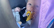 Lilah is registered to the contest to win money with this photo: baby, child, car_seat, teether, purple_canopy, blanket, infant, toy, blue_eyes, soft_lighting, seatbelt, cute, indoors, comfort, person, young_child, head, hand, fabric, closeup