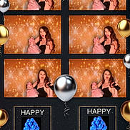 Lilah joined the competition — help win amazing prizes! woman, baby, birthday, balloon, photo_collage, portrait, celebration, golden_background, pink_clothing, smiling, posing, festive, party, decorations, happy, face, event, indoor, photobooth, holding