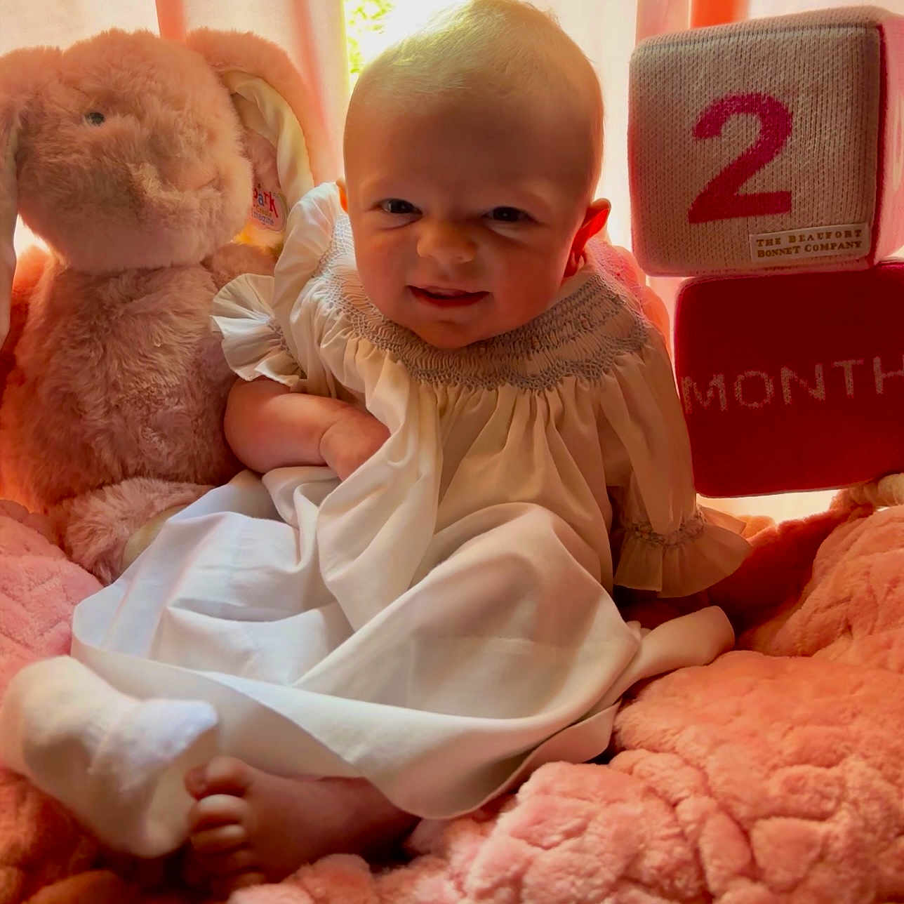 Layken is registered to the contest to win money with this photo: baby, blocks, bunny, child, cozy, curtains, cute, foot, indoor, infant, months, natural_light, number_two, pink_blanket, plush_toy, portrait, smiling, soft_texture, stuffed_animal, white_gown