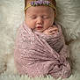 Sienna is registered to the contest to win money with this photo: baby, newborn, sleeping, wrapped, blanket, lace, headband, flower, cute, infant, soft, fluffy, portrait, closeup, peaceful, hands, face, pink, white, cozy