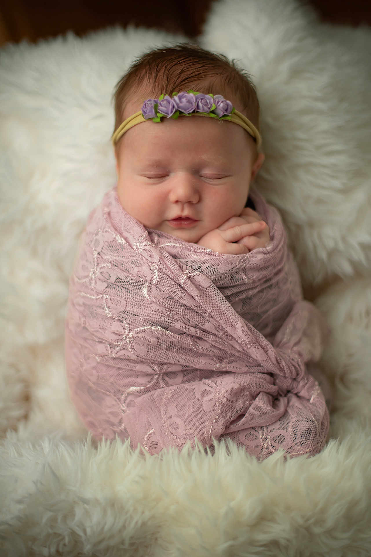 Sienna is registered to the contest to win money with this photo: baby, newborn, sleeping, wrapped, blanket, lace, headband, flower, cute, infant, soft, fluffy, portrait, closeup, peaceful, hands, face, pink, white, cozy