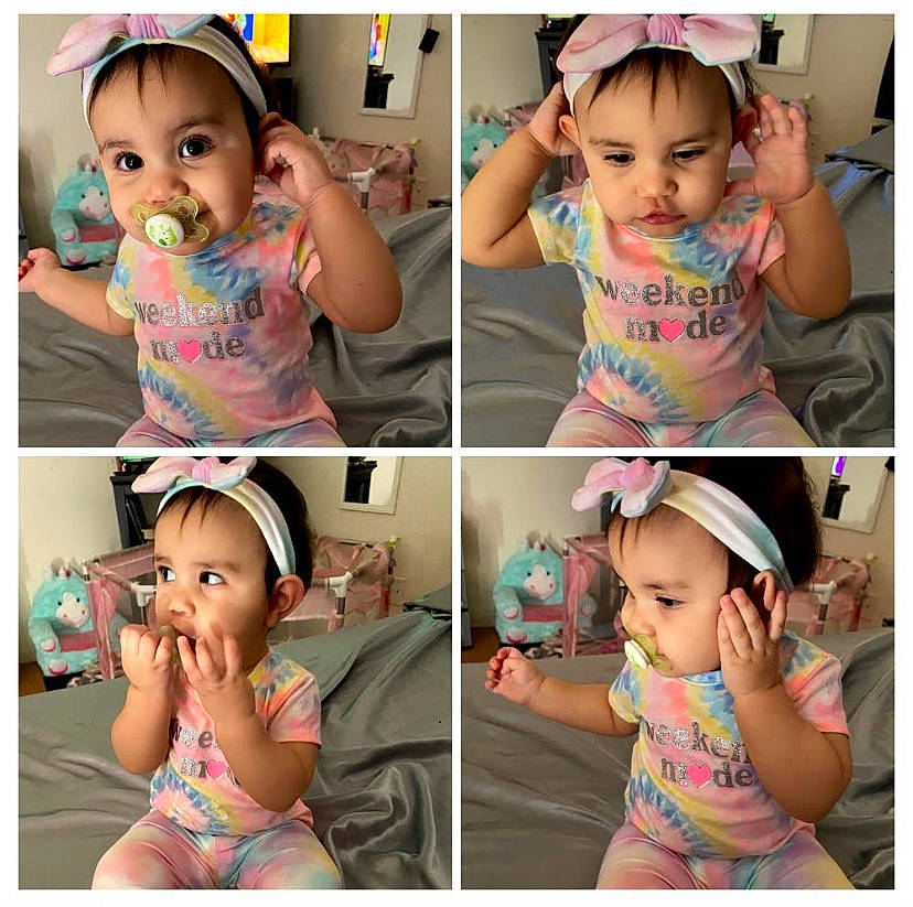 Aribella is registered to the contest to win money with this photo: arm, baby_toddler_clothing, cheek, face, facial_expression, finger, gesture, hair, hand, happy, headwear, mammal, neck, person, photograph, pink, product, purple, skin, sleeve