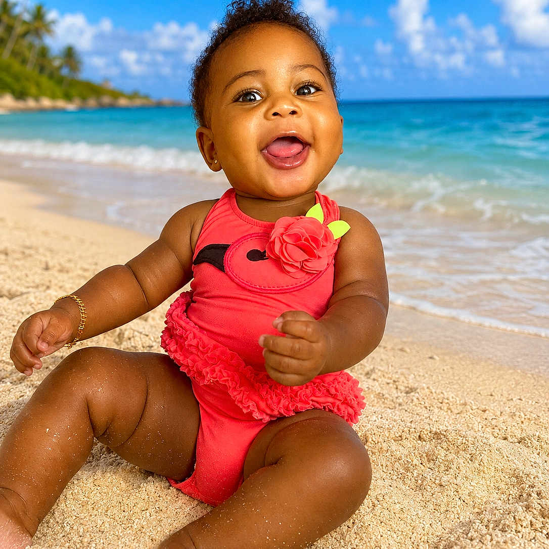 Ra'Siyah is registered to the contest to win money with this photo: baby, child, smiling, beach, sand, ocean, swimsuit, sunny, sky, clouds, water, happy, toddler, outdoor, portrait, sea, vacation, cute, nature, summer