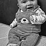 Owen a rejoint le concours — aidez-le/la à gagner de superbes lots ! baby, smiling, child, corduroy_overalls, bear_face, long_sleeve_shirt, patterned_clothing, sitting, happy, indoor, textured_surface, sock, cute, portrait, young_child, infant, cozy, comfortable, black_and_white, closeup