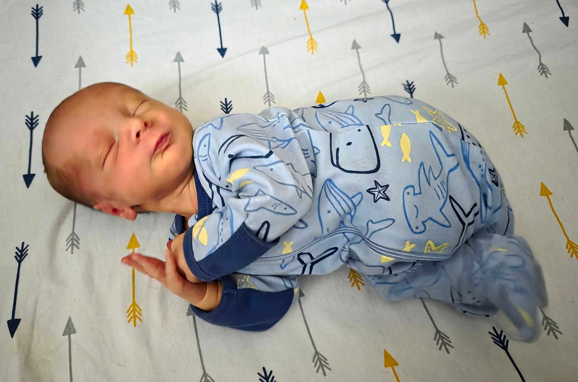 Ryland is registered to the contest to win money with this photo: baby, newborn, sleeping, onesie, blue_clothing, blanket, arrows, pattern, infant, peaceful, cute, child, lying_down, soft, toddler, face, hand, footed_pajamas, indoors, resting