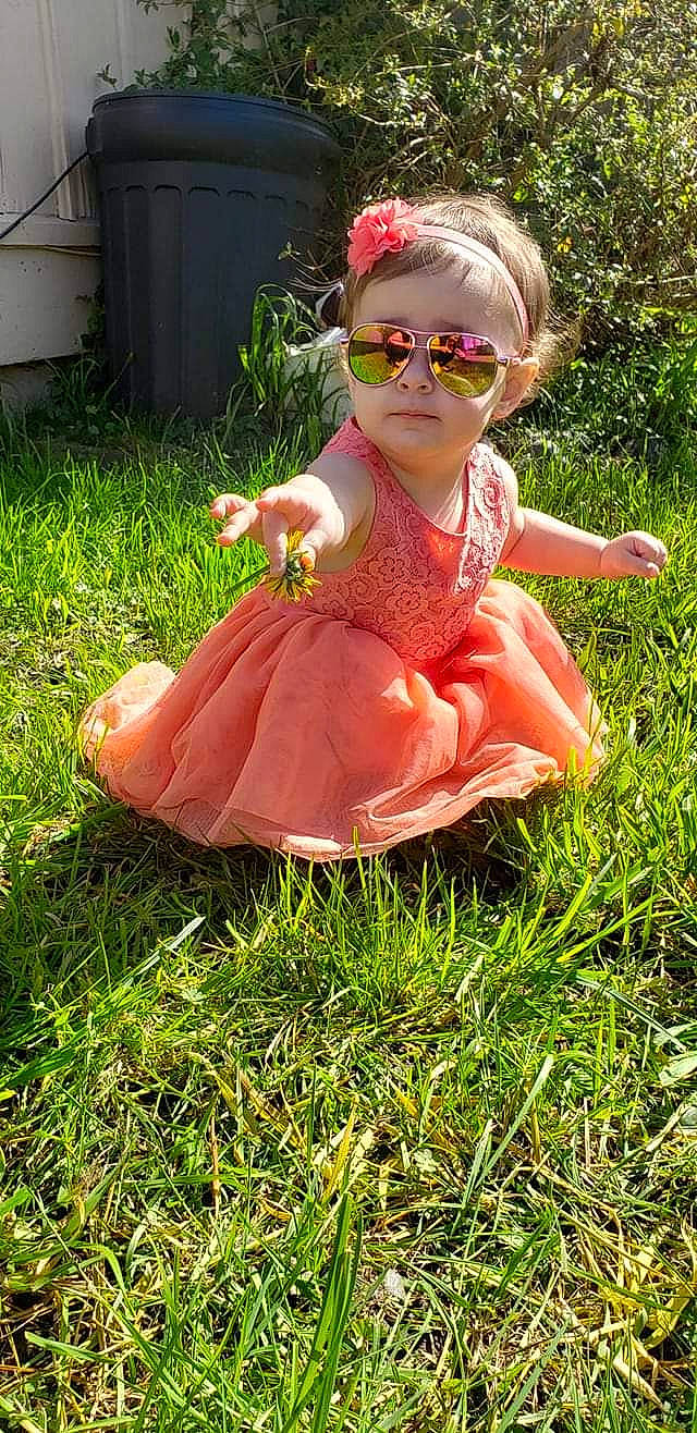 Alessandra joined the competition — help win amazing prizes! child, costume, doll, dress, fawn, fictional_character, grass, peach, pink, plant, toddler