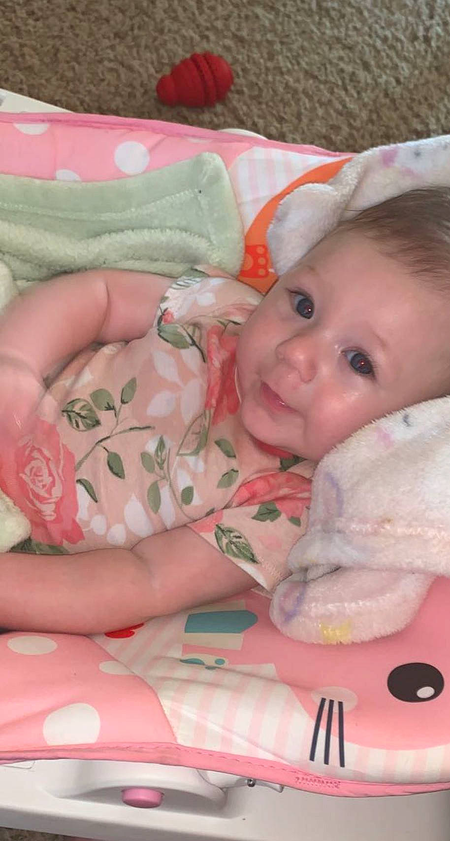 Brynn joined the competition — help win amazing prizes! baby, baby_products, baby_toddler_clothing, cheek, child, comfort, event, eye, happy, iris, linens, mouth, pattern, person, pink, room, skin, smile, tableware, textile