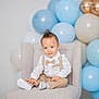 toddler, child, balloons, chair, suspenders, bow_tie, polka_dot, shirt, beige, blue, gold, celebration, party, portrait, smiling, hair, indoor, cute, fashion, seated