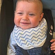 Djivan participe au concours pour gagner de l'argent avec cette photo : baby, smiling, bib, denim, overalls, car_seat, child, happy, face, infant, clothing, straps, cute, cheeks, portrait, indoor, person, young_child, seatbelt, child_seat