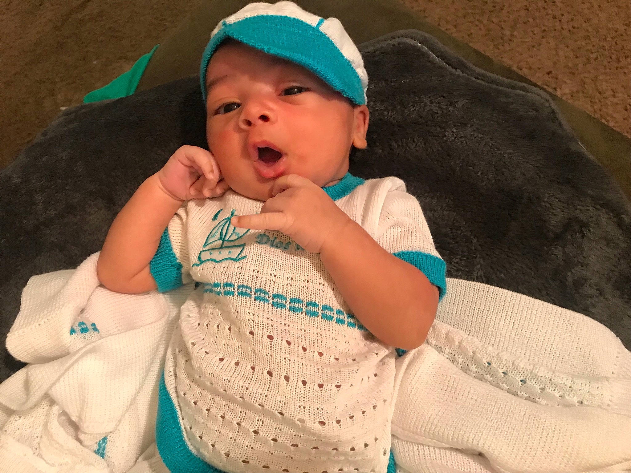 Carmelo joined the competition — help win amazing prizes! baby, baby_toddler_clothing, baseball_cap, cap, cheek, comfort, face, finger, hand, happy, hat, headgear, headwear, iris, linens, nose, person, skin, sleeve, textile