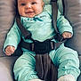 baby, child, smile, drool, calvin_klein, blue_clothing, sneakers, seatbelt, car_seat, cushion, happy, infant, cute, clothing, person, footwear, straps, indoor, portrait, young