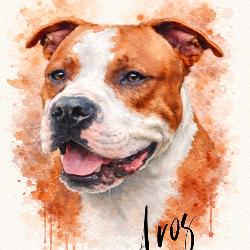 Aros a rejoint le concours — aidez-le/la à gagner de superbes lots ! dog, watercolor, portrait, art, painting, brown, white, happy, smiling, face, ears, tongue, expression, animal, pet, artistic, colorful, background, drips, name
